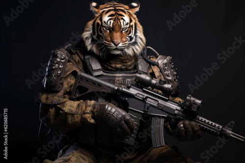 Tiger in body armor and with a machine gun. Beast in an armor with glowing eyes. Generative AI