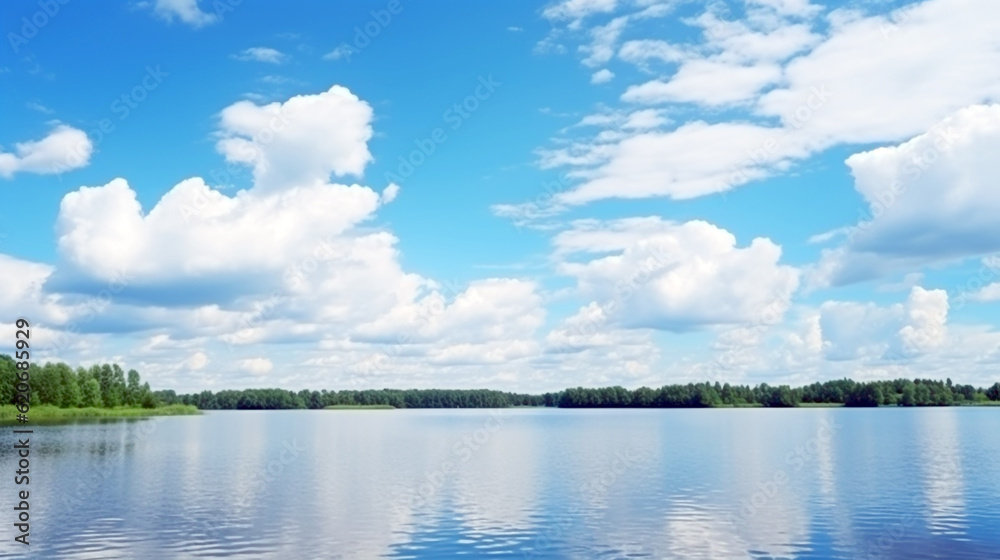 Fototapeta premium landscape with a blue sky, beautiful white clouds floating across it and a lake. Generative Ai. 