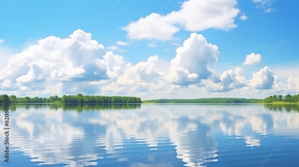 beautiful landscape with white clouds on a blue sky on a sunny day, which are reflected in a large lake. Generative Ai. 