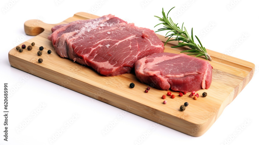 raw meat on a wooden board. Generative Ai. raw meat on a wooden board. Generative Ai.