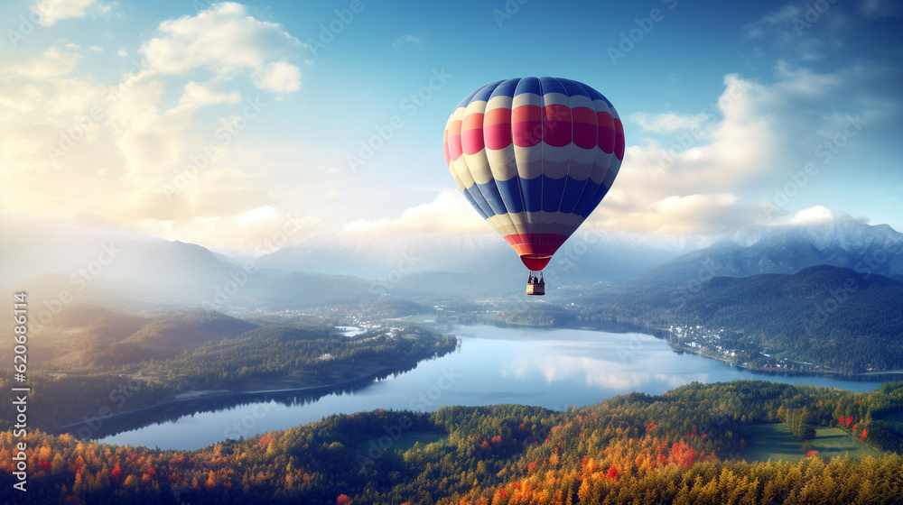 beautiful landscape with a balloon flying over a mountain lake at sunset. Generative Ai. 