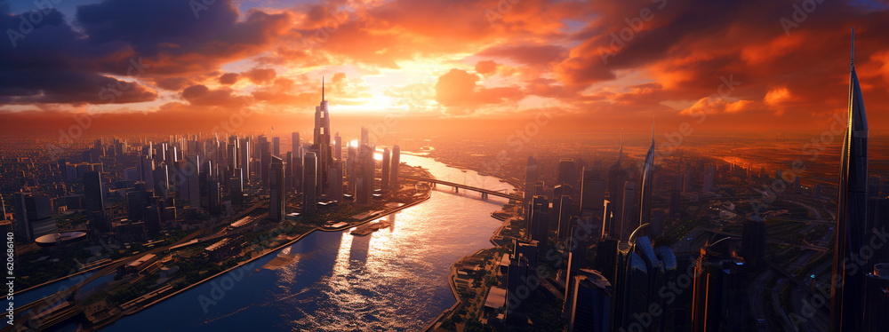 sunset panorama over the metropolis. Generative Ai. 