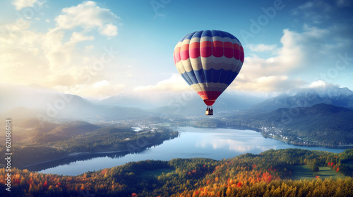 beautiful landscape with a balloon flying over a mountain lake at sunset. Generative Ai. 