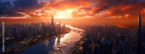 sunset panorama over the metropolis. Generative Ai. 