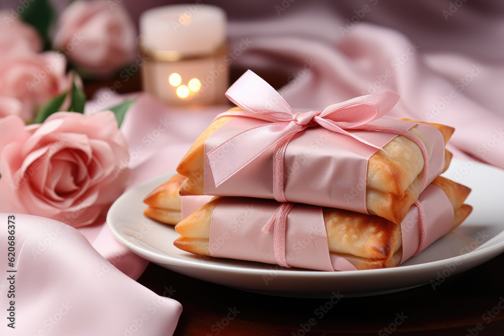 Presents a spring roll placed on a pink floor, creating a minimalistic and aesthetically pleasing concept. Generative Ai.