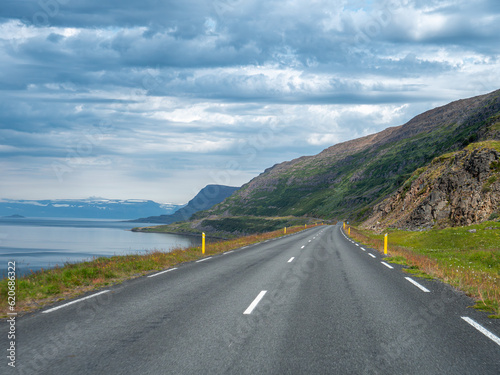 Road trip in Iceland. Icelandic landscape during a car trip to Westfjords region.