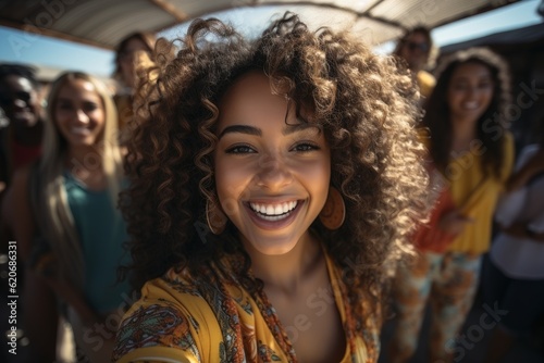 Illustration of a group of women taking a sunny beach selfie with smiles on their faces created with Generative AI technology
