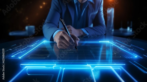 A man writing on a piece of paper with a pen