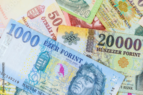 HUF cash, specifically Hungarian forints, represented in various monetary denominations values.
