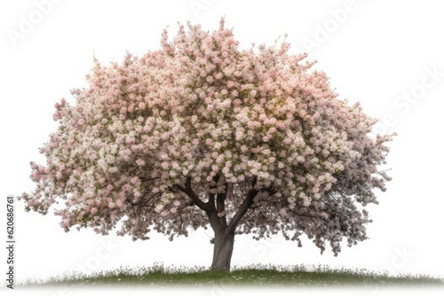 A large tree with blooming petals is isolated on a white background. Generative ai.
