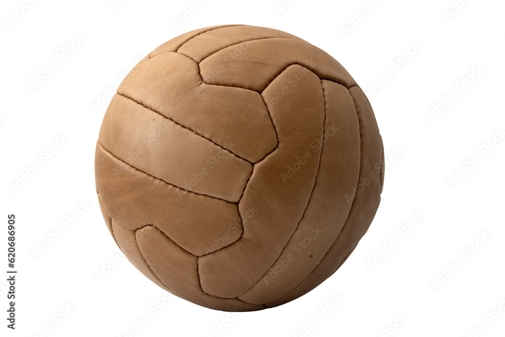 Old Soccer Ball Isolated on White Background with Clipping Path Cutout Concept for Classic Sport, Antique Game Detail, and Recreational Team Competition