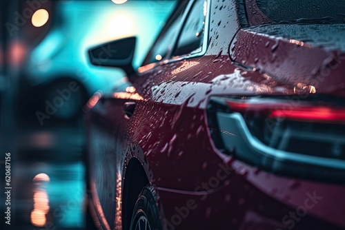 Red car in rainy weather on the road. Generative ai.