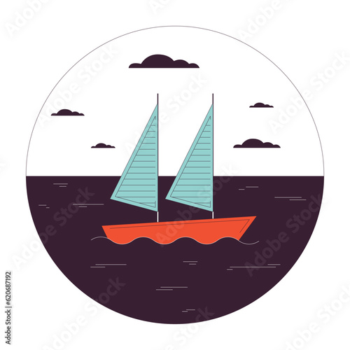 Sailboat on water flat line vector spot illustration. Yacht ocean. Sea boating 2D cartoon outline circle seascape on white for web UI design. Yachting sport editable isolated colorful hero image