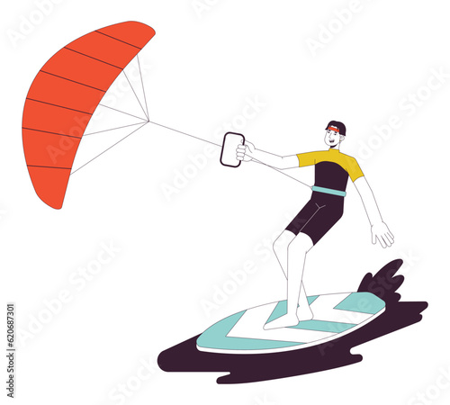Kitesurfing flat line vector spot illustration. Surfer with kite standing on board 2D cartoon outline character on white for web UI design. Water sports editable isolated colorful hero image