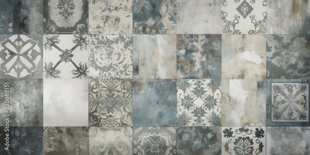 Obraz premium Background from blue gray abstract mosaic with different patterns. Generative ai.