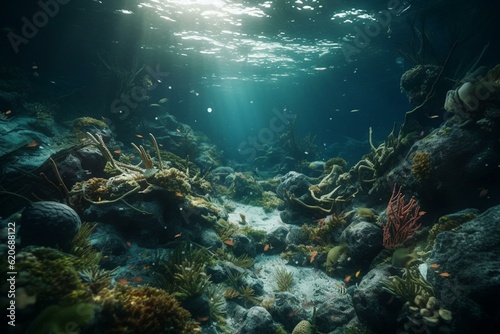 Waste littering seabed contaminates ocean. Generative AI