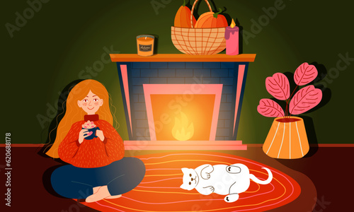 Woman sitting on floor near fireplace at home with coffee in hands, cat is laying. Cozy evening time by fireside of girl and cat flat vector illustration.