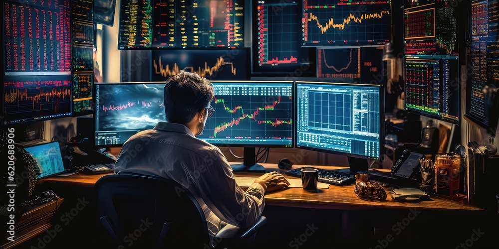 Vector illustration of an Investor sitting in front of the computers in the room analysing shares and market. Investment concept. Generative AI.