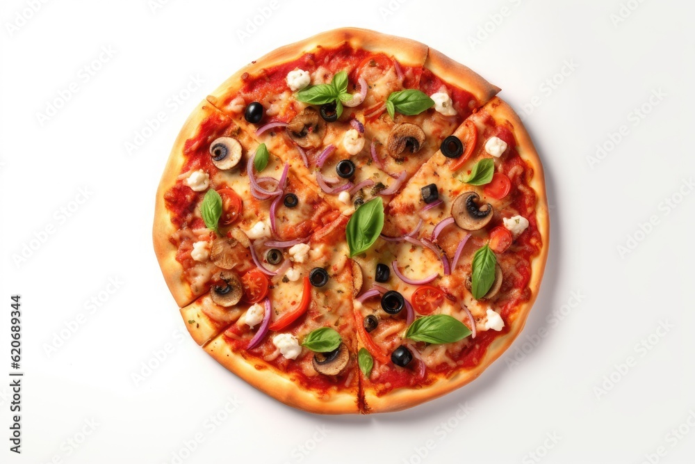 Round hot pizza with tomatoes and basil isolated on white background. Generative ai.