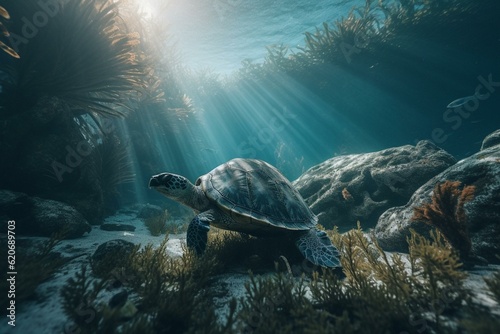 An underwater scene featuring a diving turtle. Generative AI