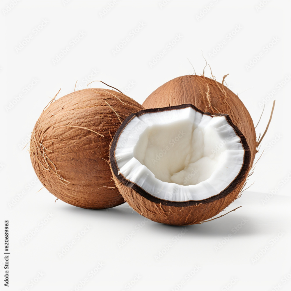 Illustration, AI generation. Coconuts on a white background. . Illustration, AI generation. Coconuts on a white background. .