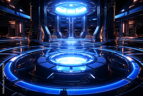 Space interior in high-tech style in blue. Generative AI