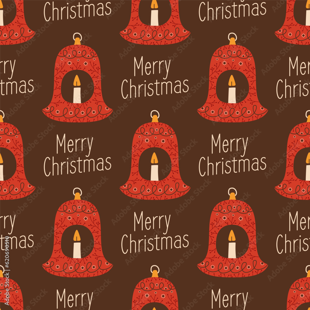 Christmas seamless pattern with red christmas tree toys and candles. Cute holiday wallpaper background with decoratie elements. Stock vector illustation on dark background