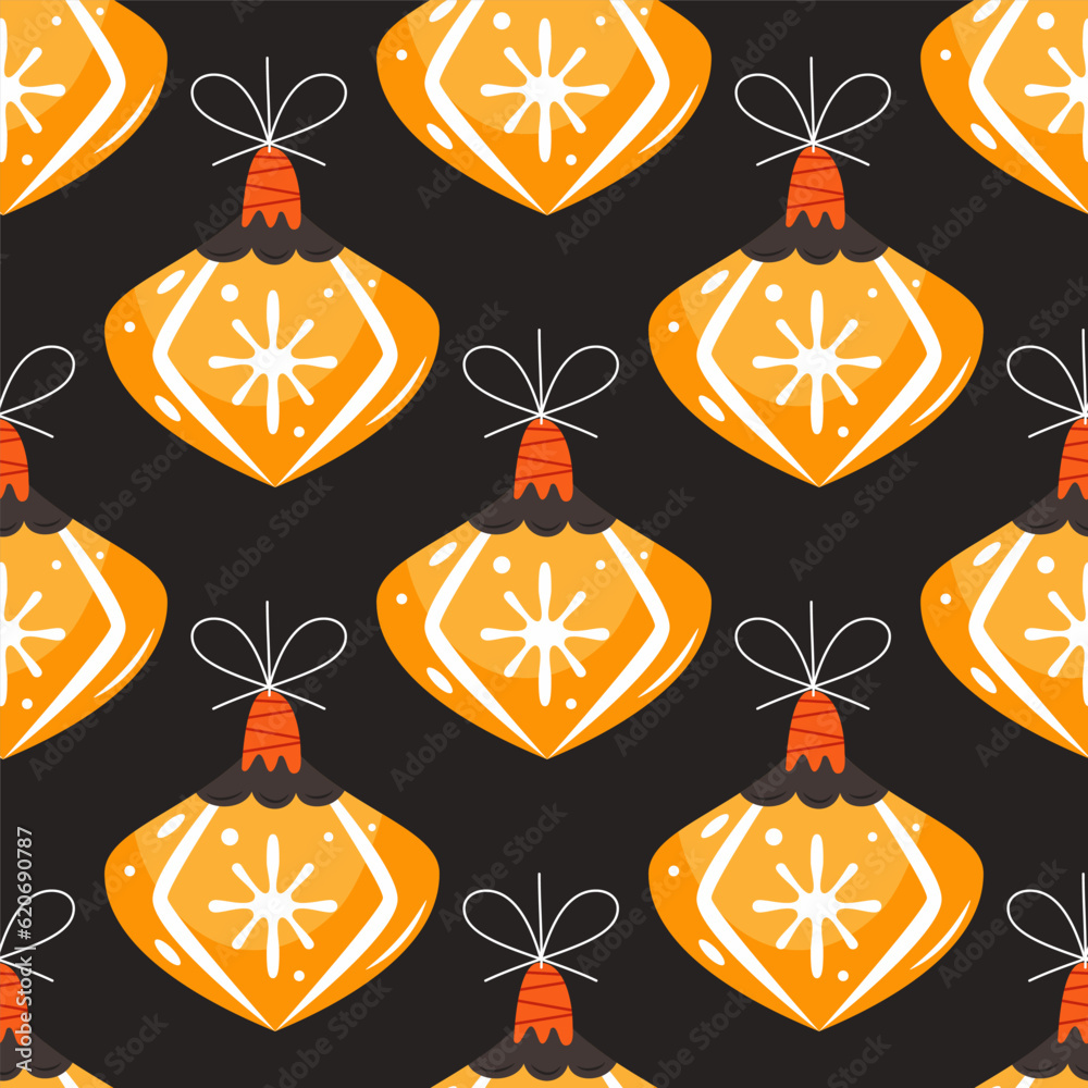 Christmas seamless pattern with yellow christmas tree toys. Cute holiday wallpaper background with decoratie elements. Stock vector illustation on dark background