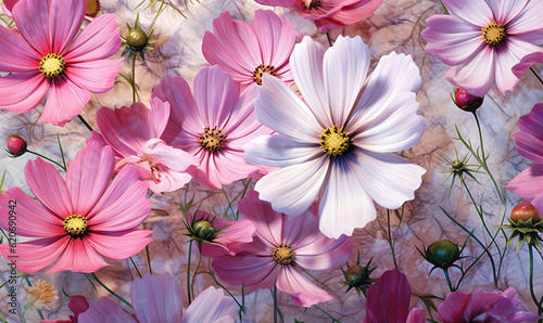  a bunch of pink and white flowers on a white background. generative ai