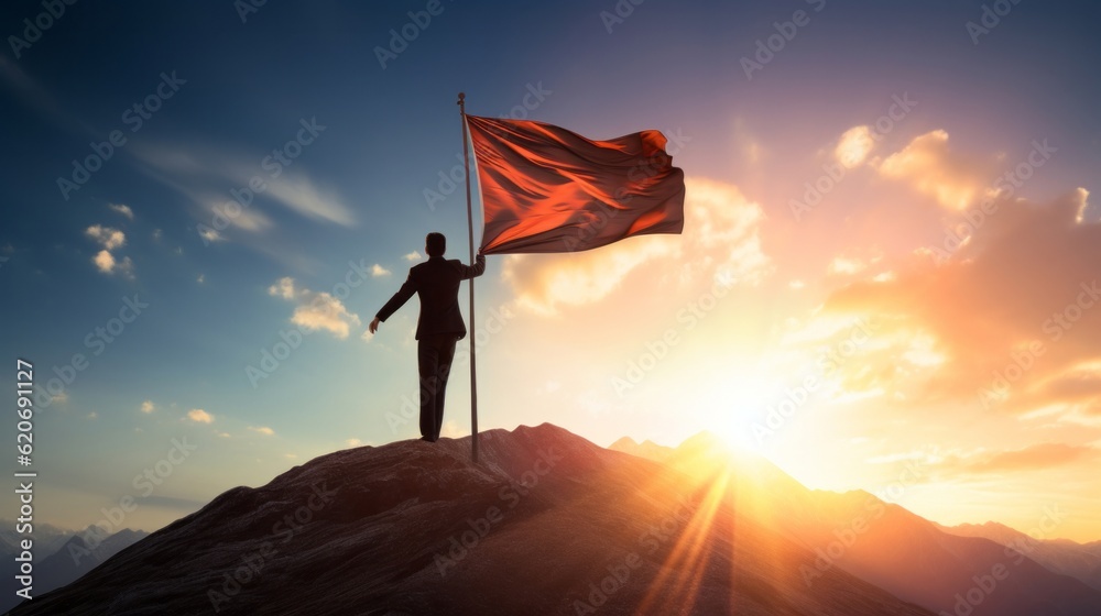 A man standing triumphantly on a mountain peak, holding a red flag