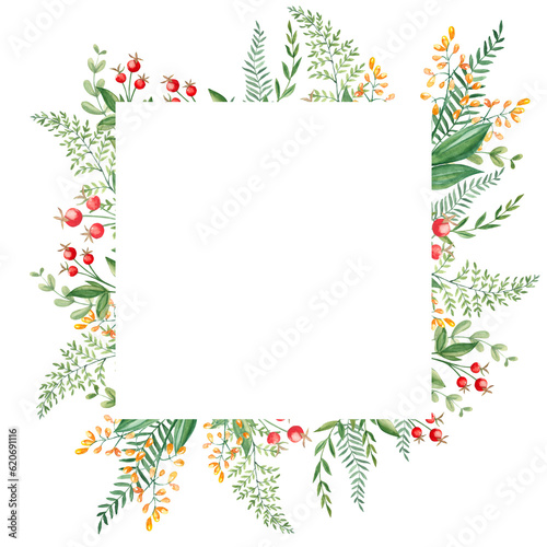 Watercolor square forest frame with fern, green branches, red and yellow berries and wildflowers isolated on white background. Hand drawn botanical illustration. Can be used for logo design, as