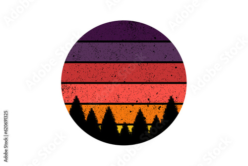 Beach illustration retro striped circle travel sunset art