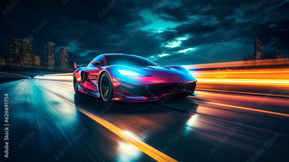 fast moving car at night. Generative Ai. 