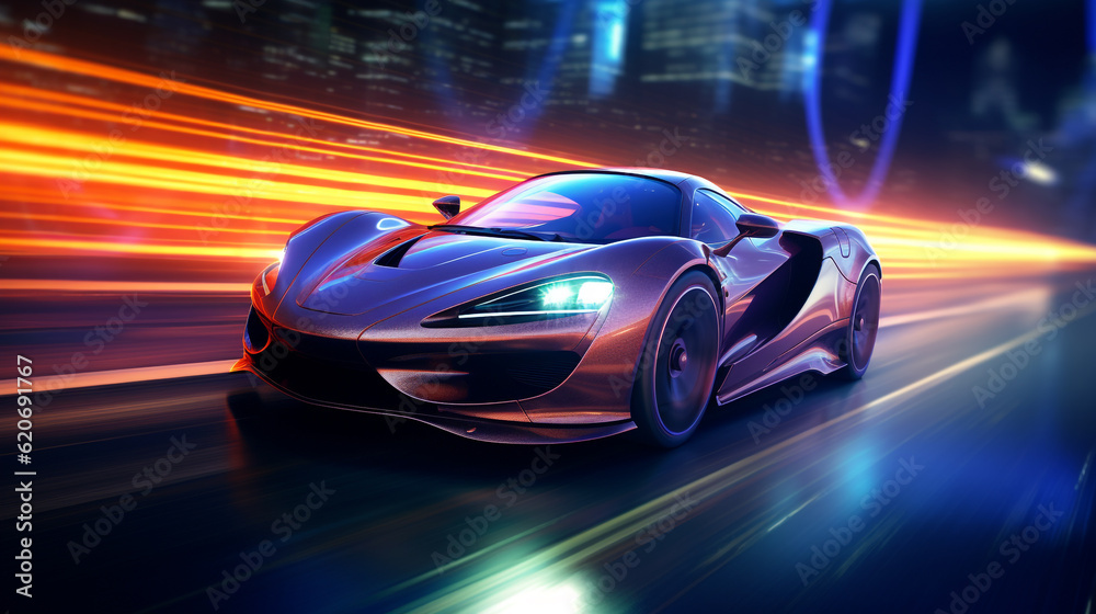 Naklejka premium fast moving car in neon lighting. Generative Ai. 