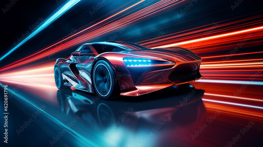 fast moving car in neon lights. Generative Ai. 