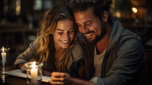 Married couple spends time together enjoying viewing cheerful videos in the evening created with generative AI technology