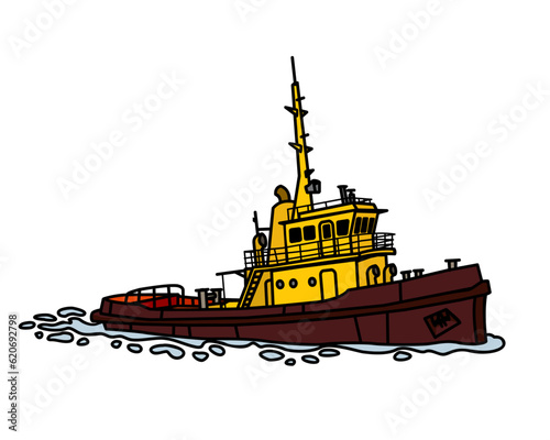 Tug. Harbour tugboat. Support Tug. A small auxiliary vessel. Vector image for prints, poster and illustrations.