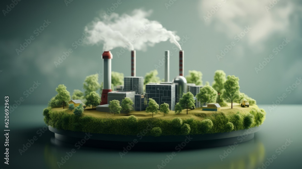 An island with a factory and trees in a scenic landscape