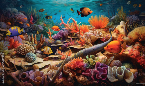  a painting of an underwater scene with corals and fish.  generative ai © Anna