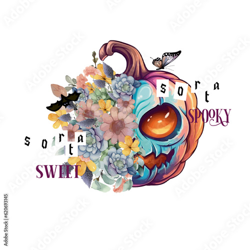 Halloween pumpkin decorated with flowers, bats, butterflies and the quote Sorta Sweet Sorta. Print for printing on a t-shirt, label, sticker, blank for designers photo