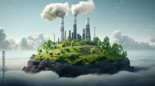 A small island with smoke stacks in the sky