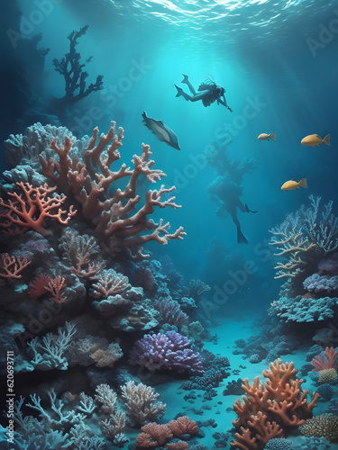 coral reef and diver Generative AI