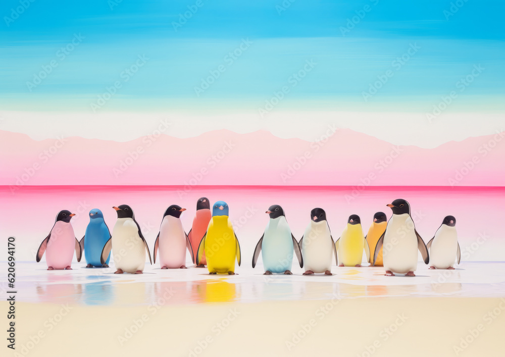 A colorful group of adorable penguins on a surreal pink sea beach. Climate change concept. Generative AI.