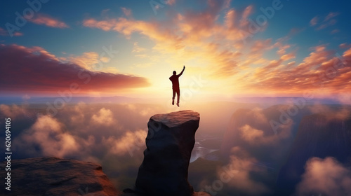 A man standing triumphantly on a cliff with his arms raised in the air