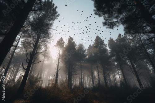 A group of black birds fly amidst trees. Generative AI