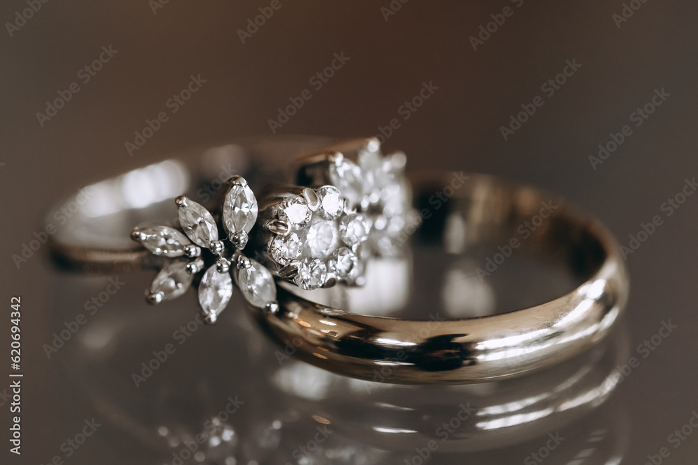 Wedding rings of the bride and groom with precious stones close-up. Wedding accessory in the form of gold rings with diamonds. Luxurious jewelry made of precious metals on a reflective surface Wedding rings of the bride and groom with precious stones close-up. Wedding accessory in the form of gold rings with diamonds. Luxurious jewelry made of precious metals on a reflective surface