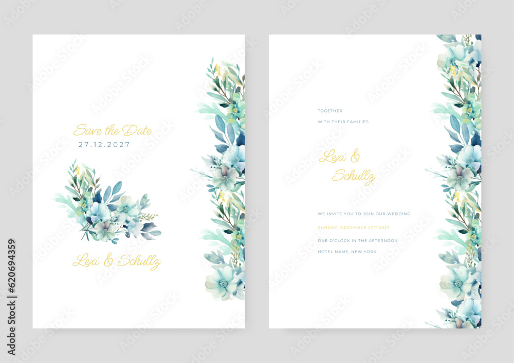 White green yellowElegant wedding invitation card template with watercolor and floral decoration.