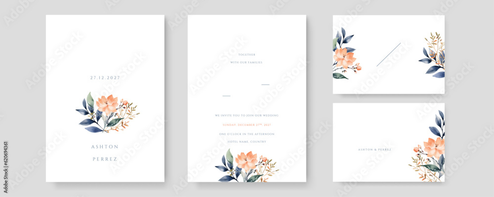 White green pink wedding invitation card set with beautiful flowers design