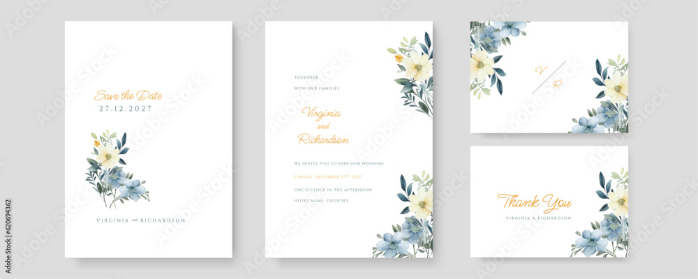 White green yellow Wedding invitation template with floral and leaves decoration