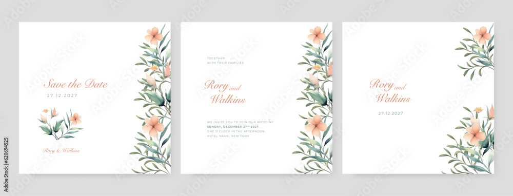 White blue pink wedding invitation template with romantic dried floral and leaves decoration